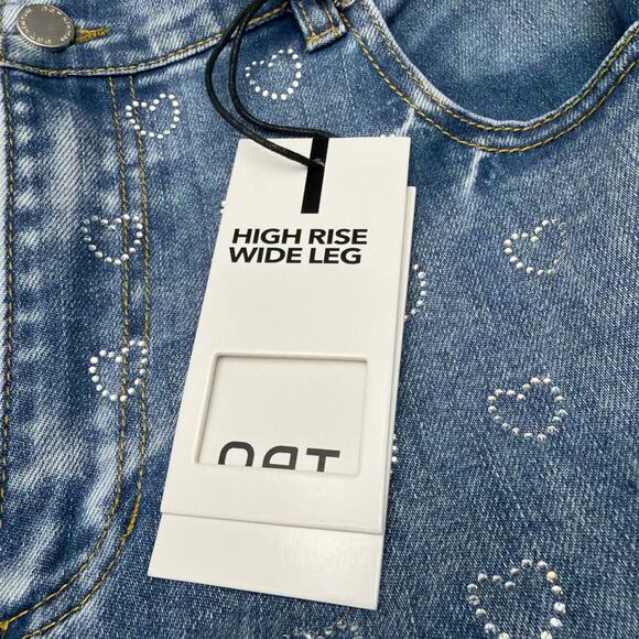 Oat New York High Rise Wide Leg Jeans Womens Size 10 30 Embellished Hearts Blue - Picture 5 of 11